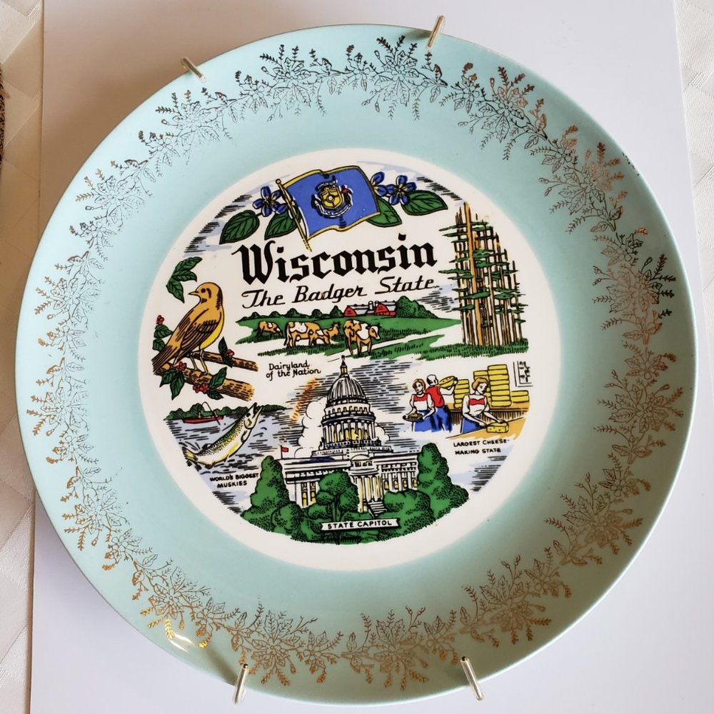 Vintage Wisconsin Souvenier Plate 10 1/4 inch diameter, flawless, Rare Turquoise